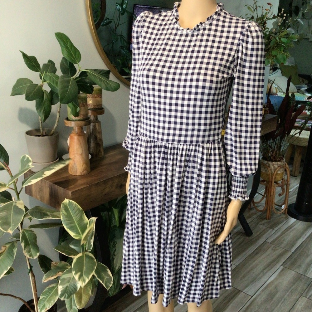 Draper James Black and White Gingham Long-Sleeve Midi Dress